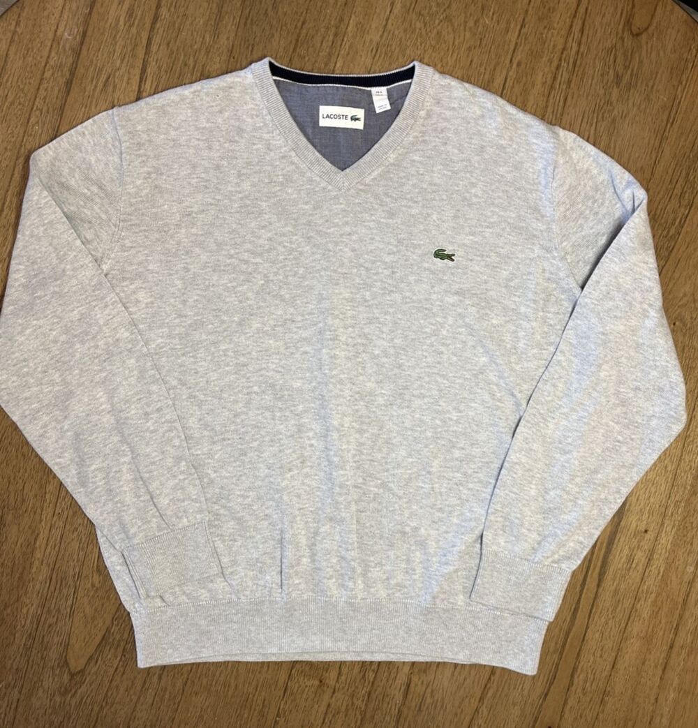 Lacoste Classic Tag Sweater XL Gray Long Sleeve Mens Preppy 100% Cotton Slim Fit